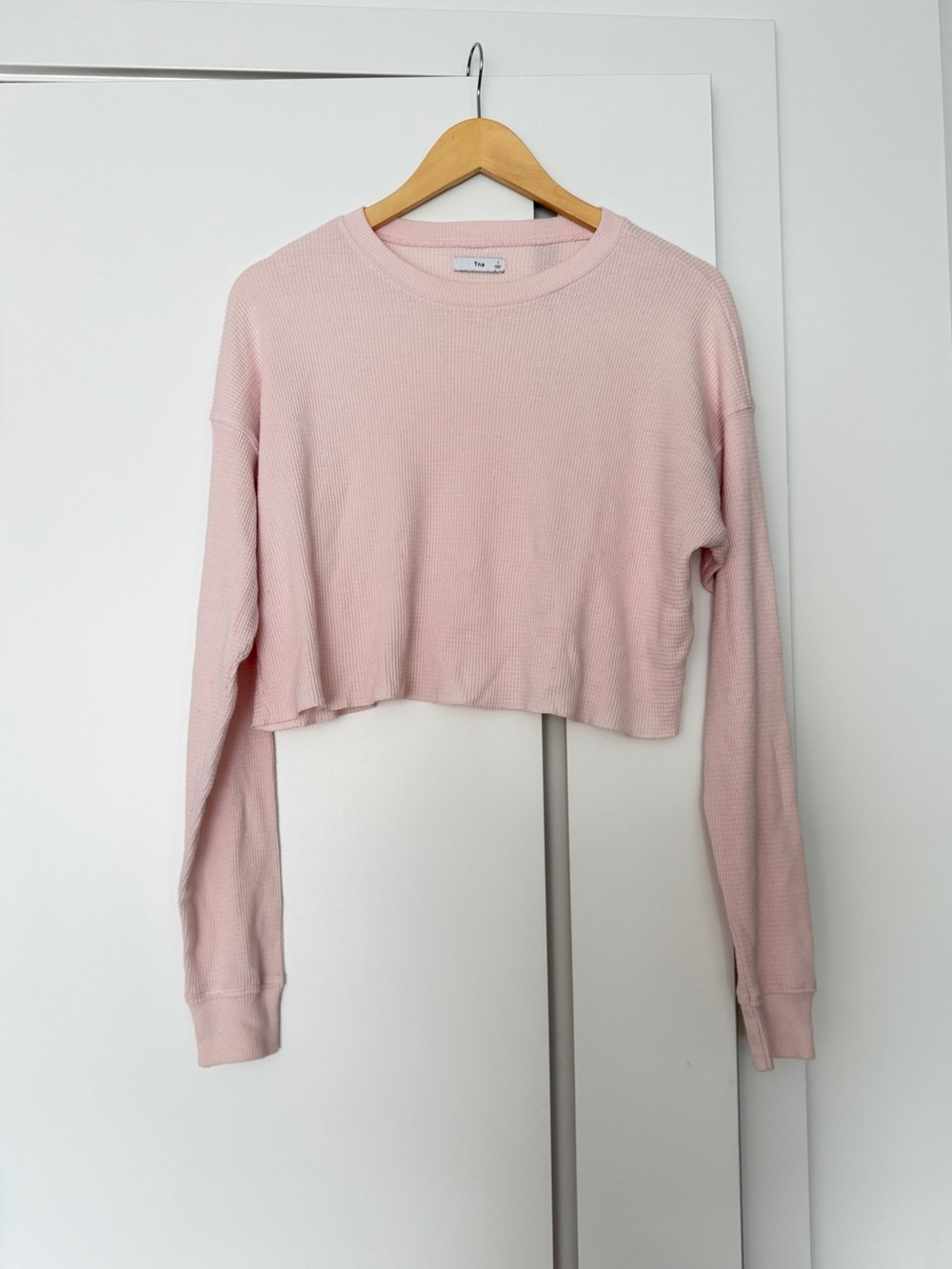 TNA Cropped Boxy Waffle Knit Long-Sleeve Top - Light Pink